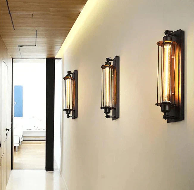 Vintage Industrial Wall Light with Metal Cage Design