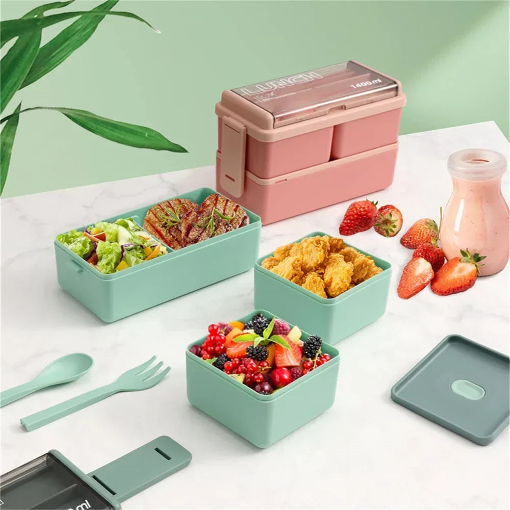 1400ml Double Layer Bento Lunch Box with Fork and Spoon