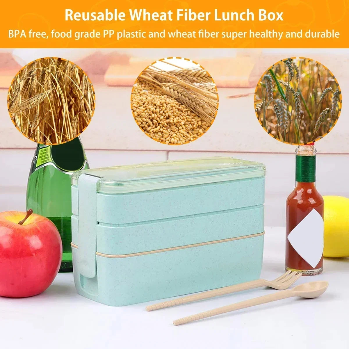 3-Tier Bento Lunch Box 900 ml with Spoon and Fork