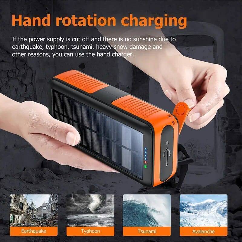 61200mAh Solar Hand Crank Power Bank with Dual USB Outputs and LED Flashlight