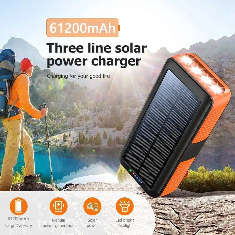 61200mAh Solar Hand Crank Power Bank with Dual USB Outputs and LED Flashlight