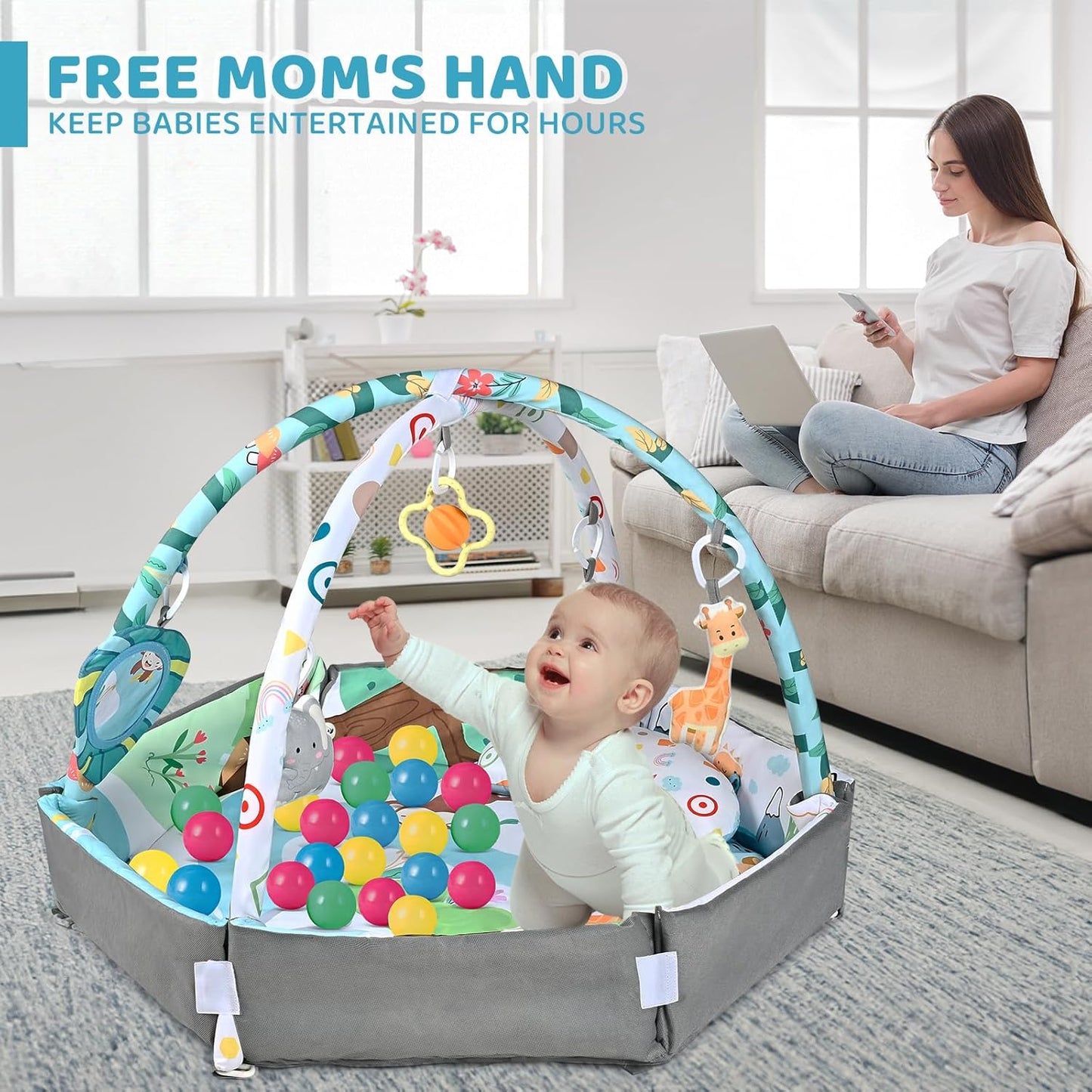 8-in-1 Baby Play Mat & Ball Pit Activity Gym with Sensory Toys