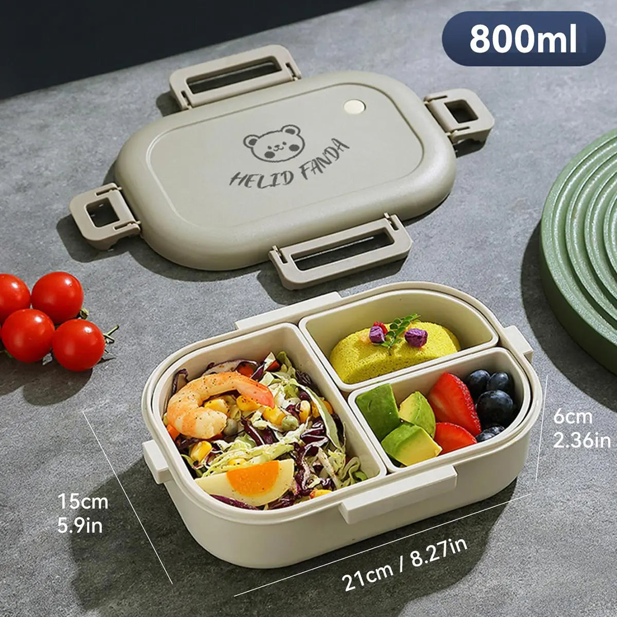800 ml Bento Lunch Box with 3 Removable Compartments