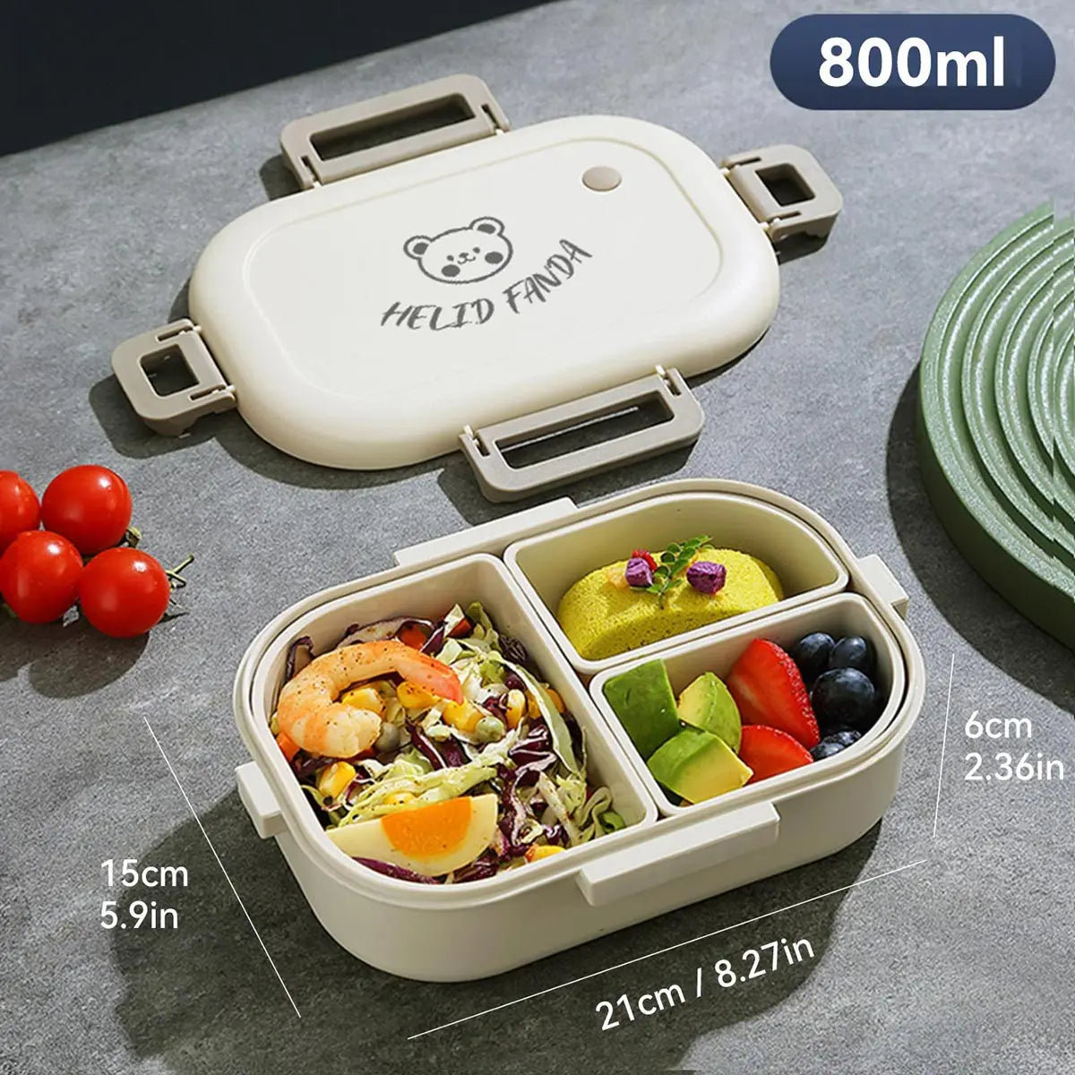800 ml Bento Lunch Box with 3 Removable Compartments