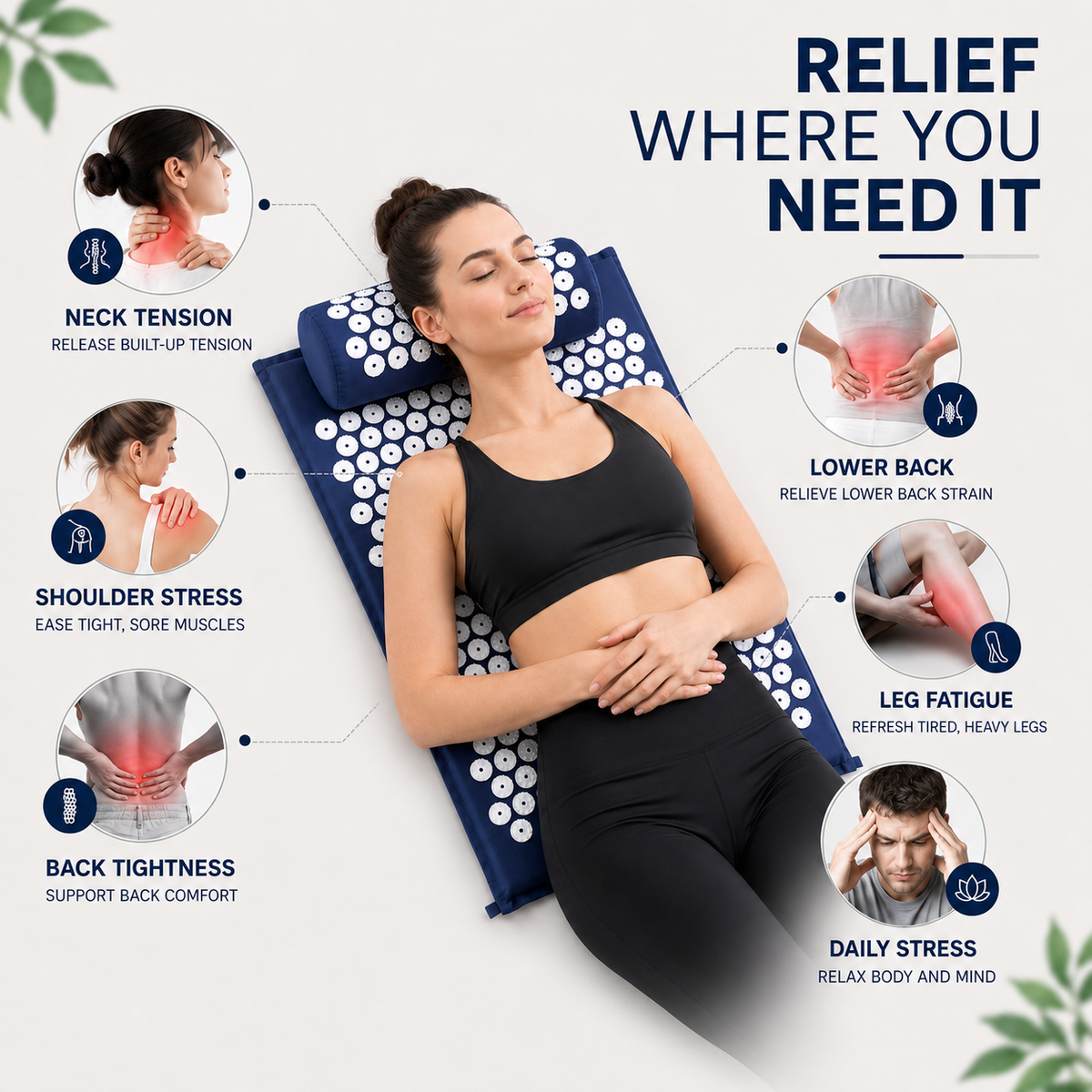 Acupressure Therapy Mat Set with Neck Support Cushion and Spike Discs