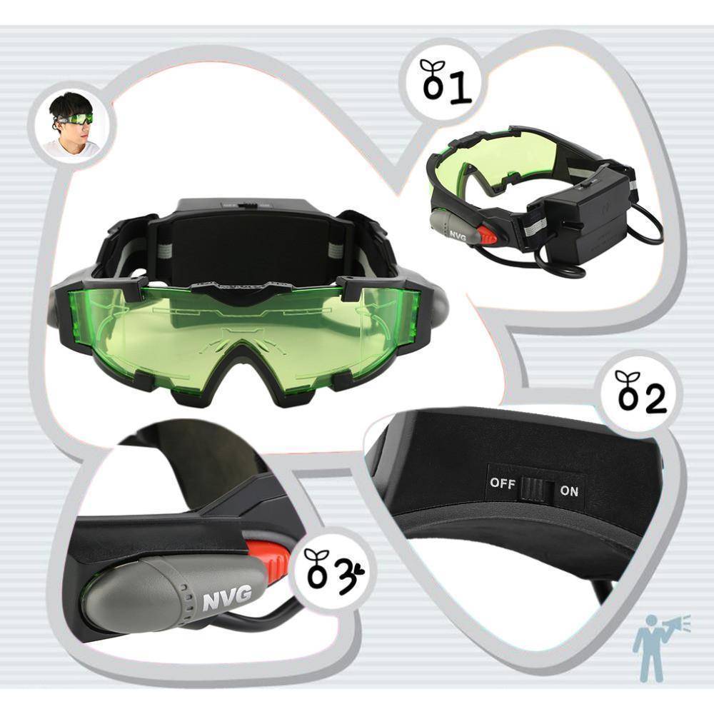 Adjustable Night Vision Goggles with Green-Tinted Lenses and Flip-Out Lights
