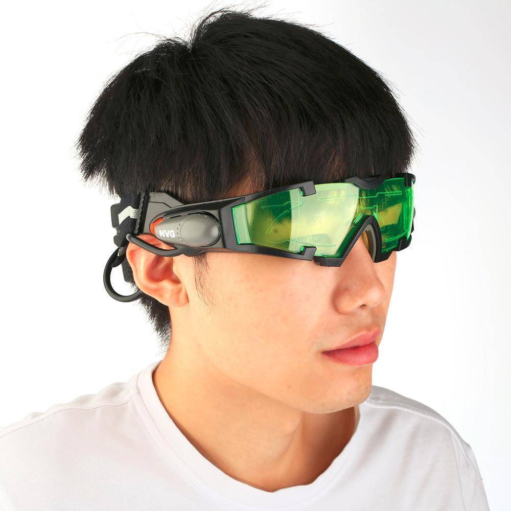 Adjustable Night Vision Goggles with Green-Tinted Lenses and Flip-Out Lights