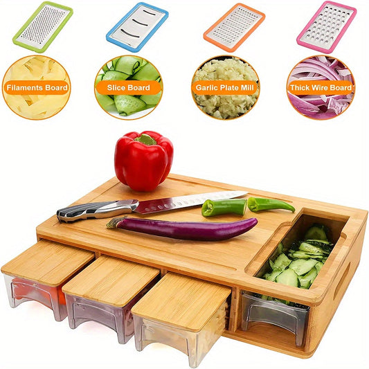 Bamboo Cutting Board with 4 Graters and Integrated Storage Trays
