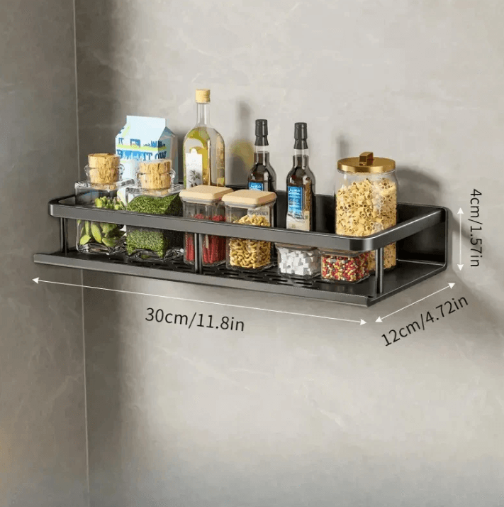 Black Metal Kitchen Wall Shelf with Hooks and Towel Holder