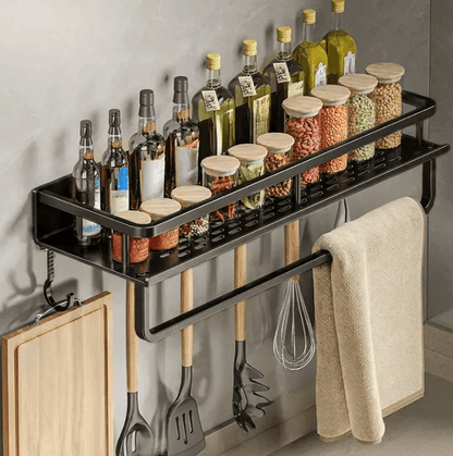 Black Metal Kitchen Wall Shelf with Hooks and Towel Holder