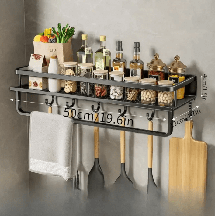 Black Metal Kitchen Wall Shelf with Hooks and Towel Holder