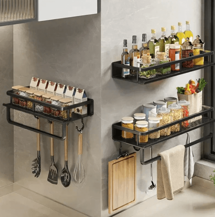Black Metal Kitchen Wall Shelf with Hooks and Towel Holder