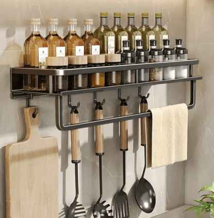 Black Metal Kitchen Wall Shelf with Hooks and Towel Holder