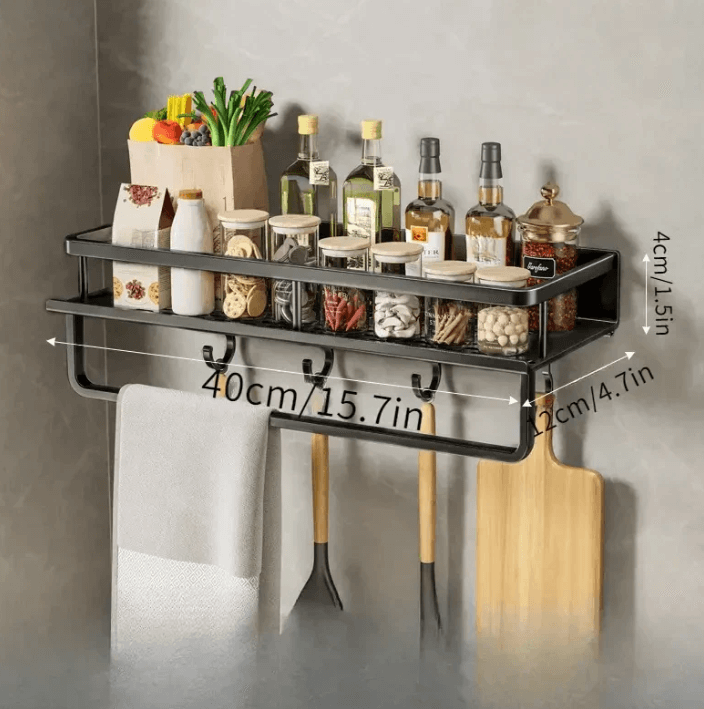 Black Metal Kitchen Wall Shelf with Hooks and Towel Holder