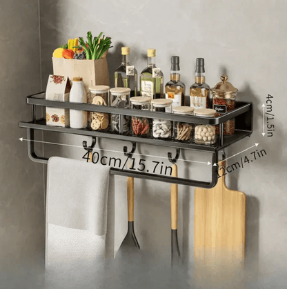 Black Metal Kitchen Wall Shelf with Hooks and Towel Holder