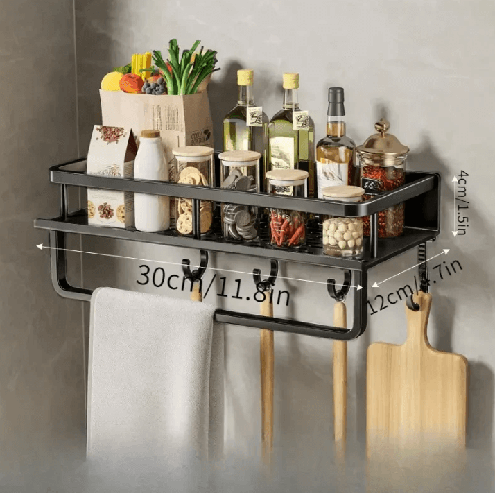 Black Metal Kitchen Wall Shelf with Hooks and Towel Holder