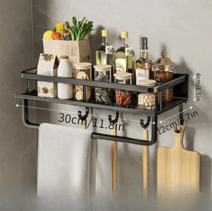 Black Metal Kitchen Wall Shelf with Hooks and Towel Holder