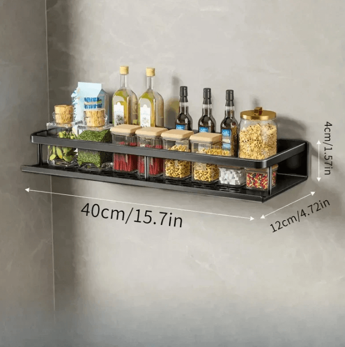 Black Metal Kitchen Wall Shelf with Hooks and Towel Holder