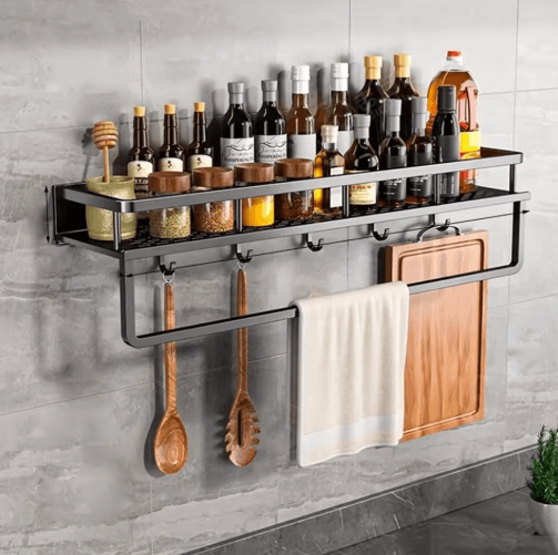 Black Metal Kitchen Wall Shelf with Hooks and Towel Holder