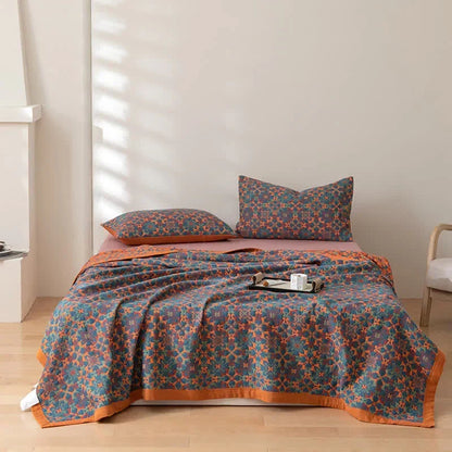 Blue Patterned Six Layer Cotton Quilt for Bed and Sofa