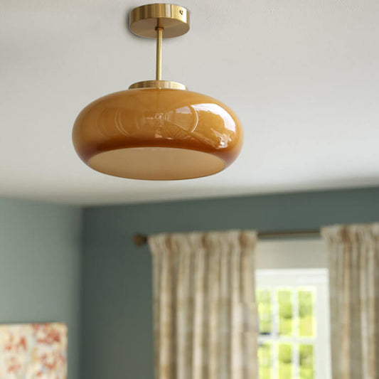 Brass and Amber Glass Semi-Flush Ceiling Light