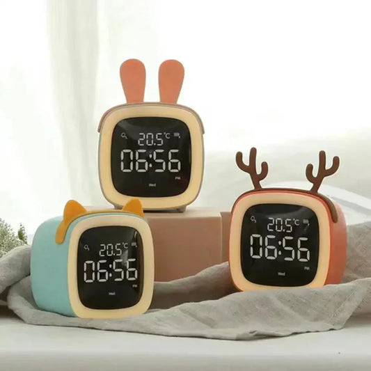 Cartoon Bunny LED Alarm Clock with Night Light Rechargeable Digital Bedside Clock
