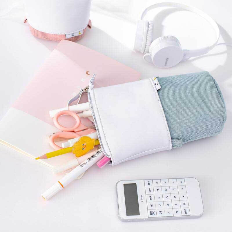 Convertible Pop-Up Pencil Case with Desk Stand and Corduroy Design