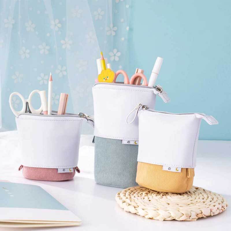 Convertible Pop-Up Pencil Case with Desk Stand and Corduroy Design