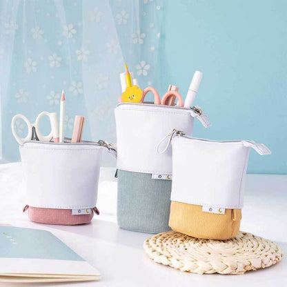 Convertible Pop-Up Pencil Case with Desk Stand and Corduroy Design