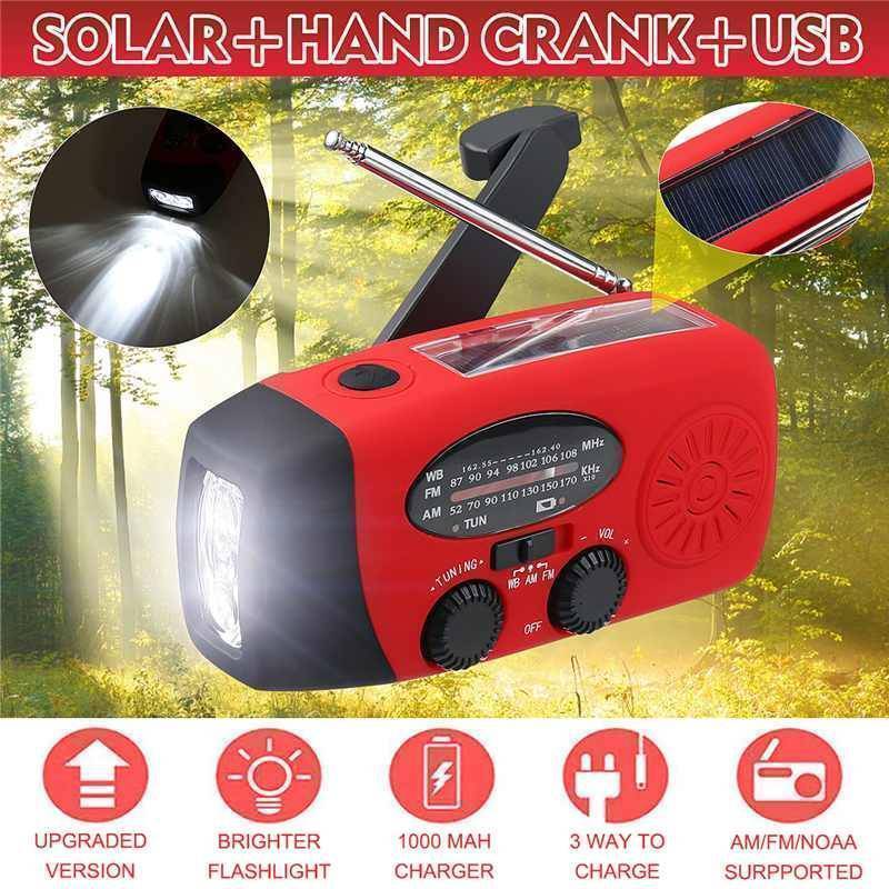 Emergency Hand Crank Radio with Solar Charging, 3-LED Flashlight and USB Power Bank