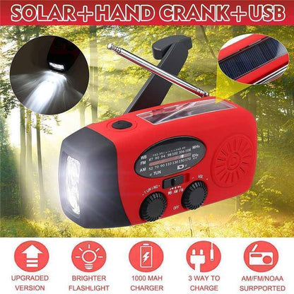 Emergency Hand Crank Radio with Solar Charging, 3-LED Flashlight and USB Power Bank