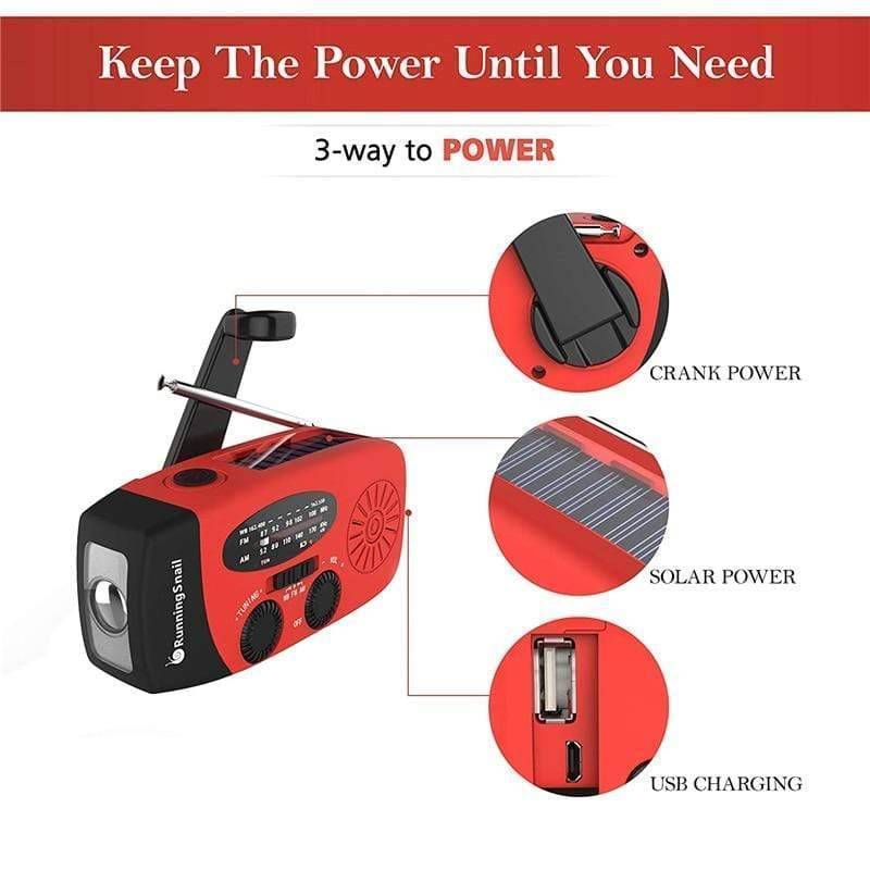 Emergency Hand Crank Radio with Solar Charging, 3-LED Flashlight and USB Power Bank