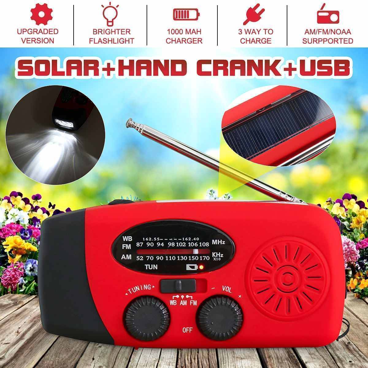 Emergency Hand Crank Radio with Solar Charging, 3-LED Flashlight and USB Power Bank