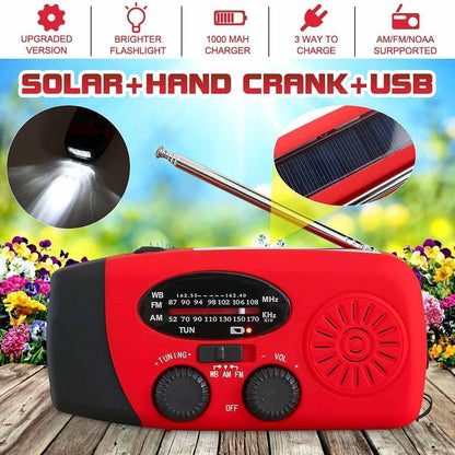 Emergency Hand Crank Radio with Solar Charging, 3-LED Flashlight and USB Power Bank