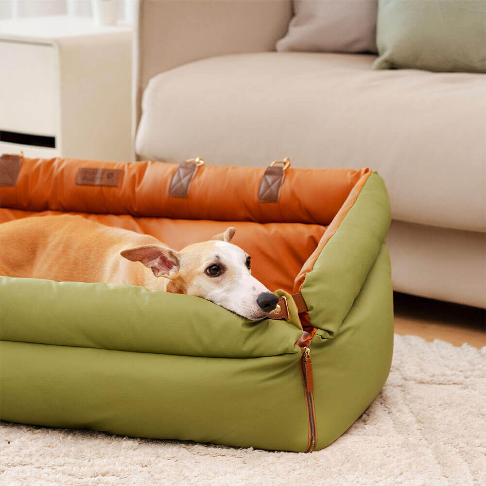 Faux Leather Dog Car Seat with Thick Padding and Expandable Space