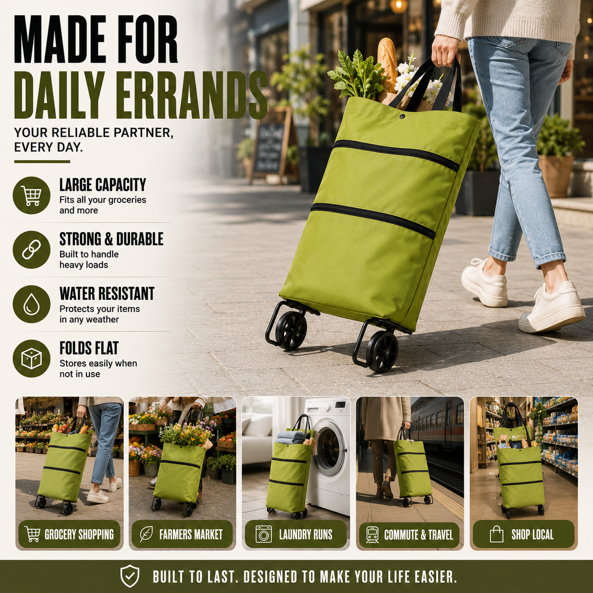 Foldable Wheeled Shopping Hand Cart with Backpack Carry Option