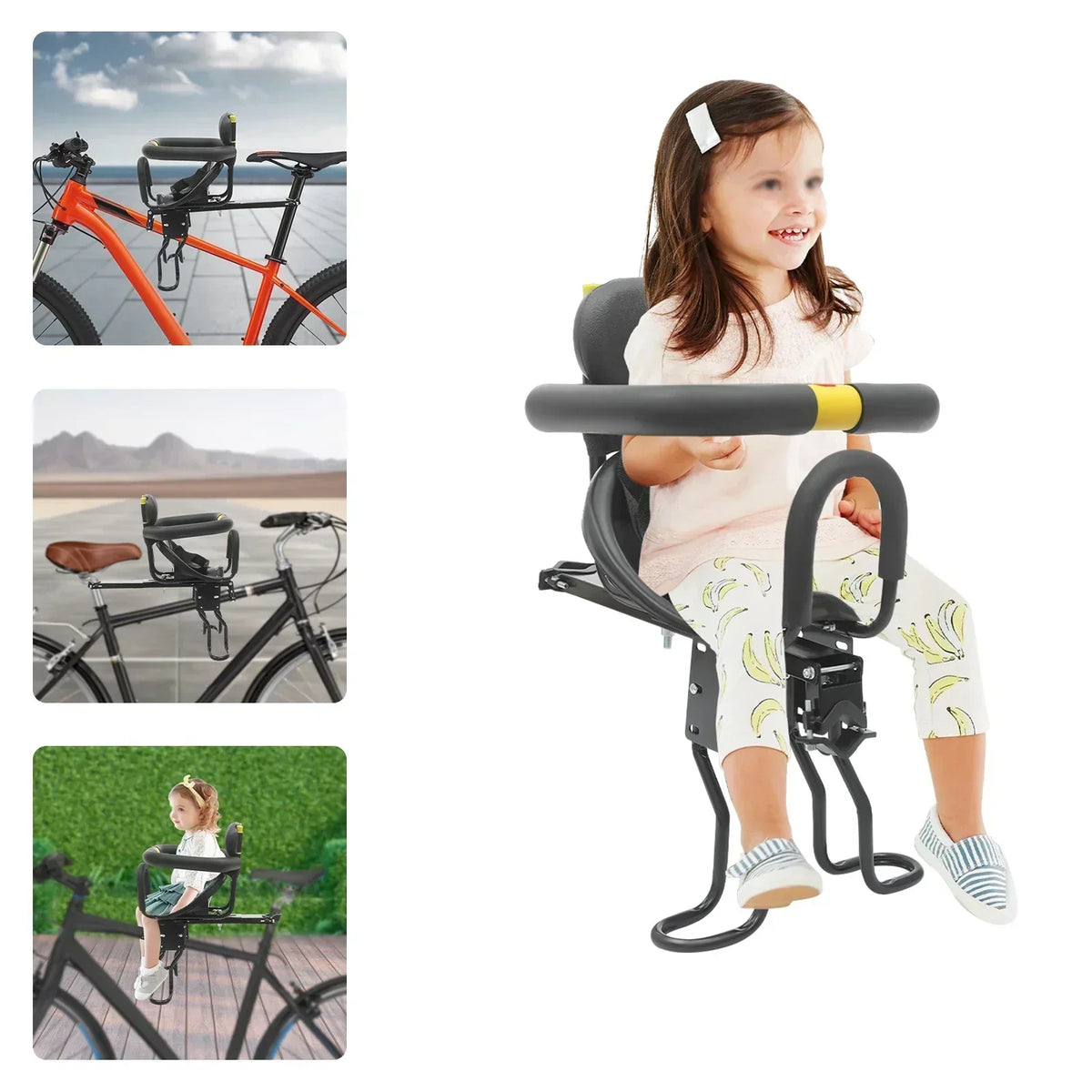 Front-Mounted Baby Bike Seat with Adjustable Foot Pedals and Safety Belt