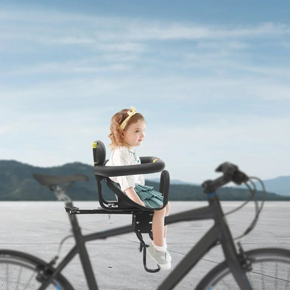 Front-Mounted Baby Bike Seat with Adjustable Foot Pedals and Safety Belt
