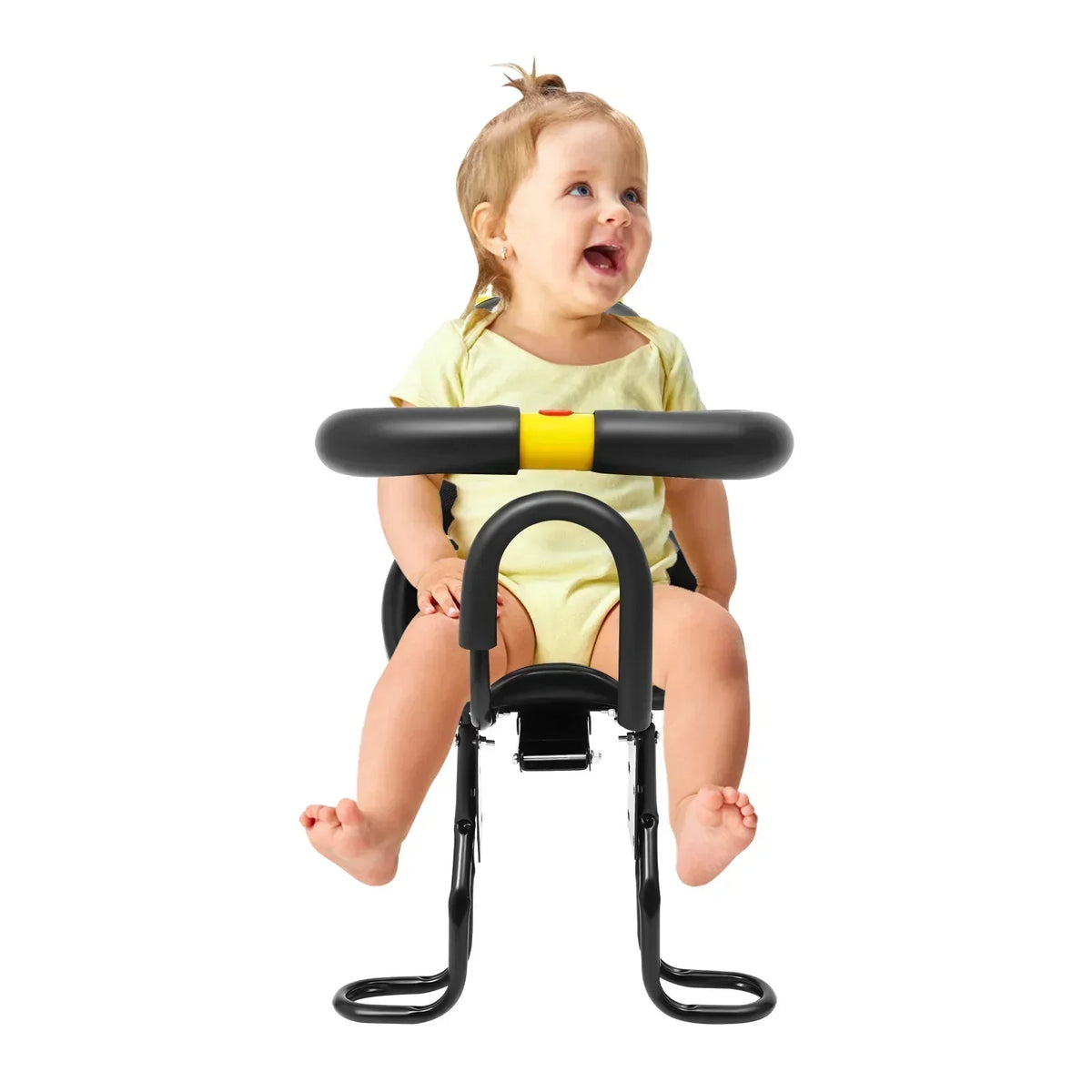 Front-Mounted Baby Bike Seat with Adjustable Foot Pedals and Safety Belt