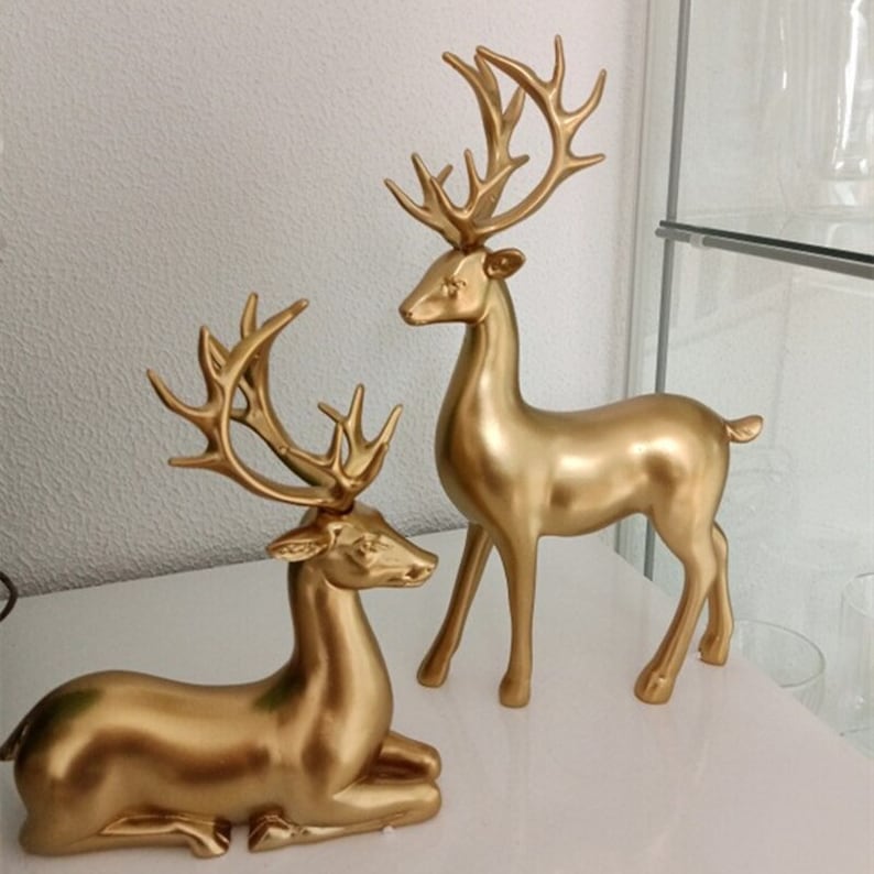 Golden Resin Deer Figurines Set with Standing and Sitting Designs