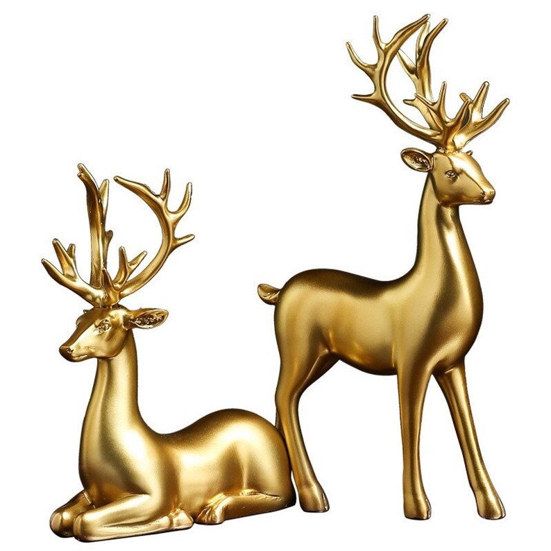 Golden Resin Deer Figurines Set with Standing and Sitting Designs