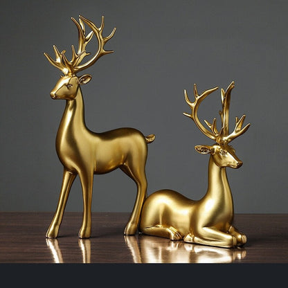 Golden Resin Deer Figurines Set with Standing and Sitting Designs