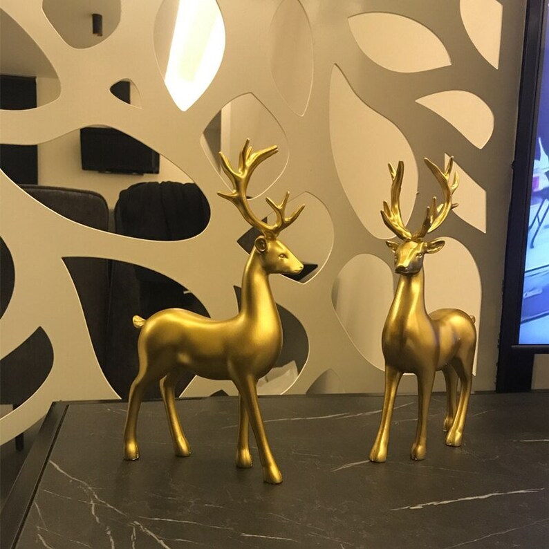 Golden Resin Deer Figurines Set with Standing and Sitting Designs