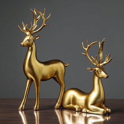 Golden Resin Deer Figurines Set with Standing and Sitting Designs