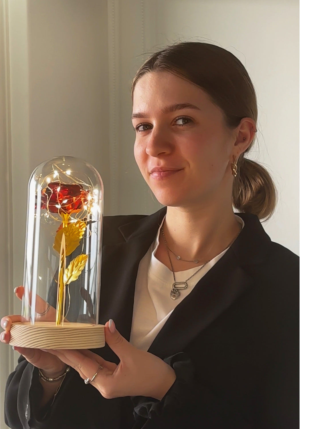 Golden Rose in Glass Dome with LED Lighting and 24K Gold Foil