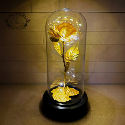 Golden Rose in Glass Dome with LED Lighting and 24K Gold Foil