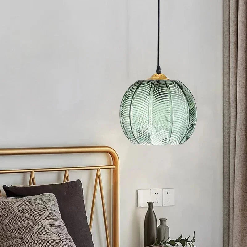 Green Ribbed Glass Pendant Light with Gold Accent
