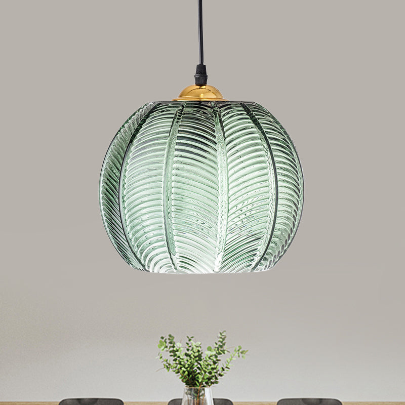 Green Ribbed Glass Pendant Light with Gold Accent