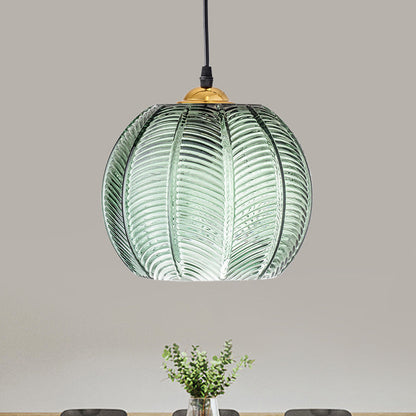 Green Ribbed Glass Pendant Light with Gold Accent