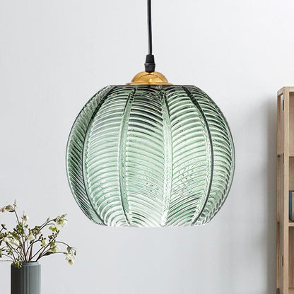 Green Ribbed Glass Pendant Light with Gold Accent